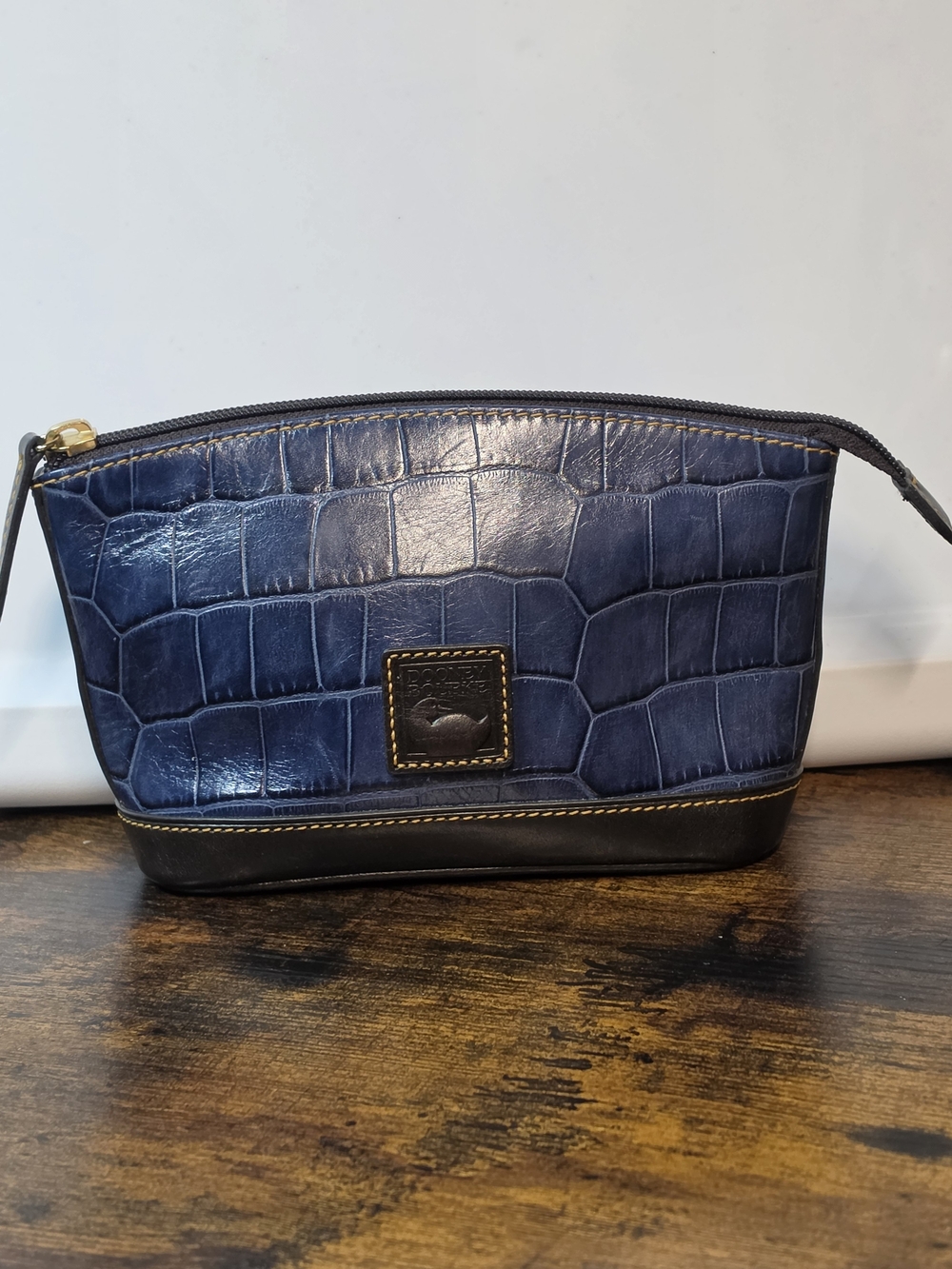 Dooney & Bourke Navy Croc-Embossed Cosmetic Pouch with Brown Trim